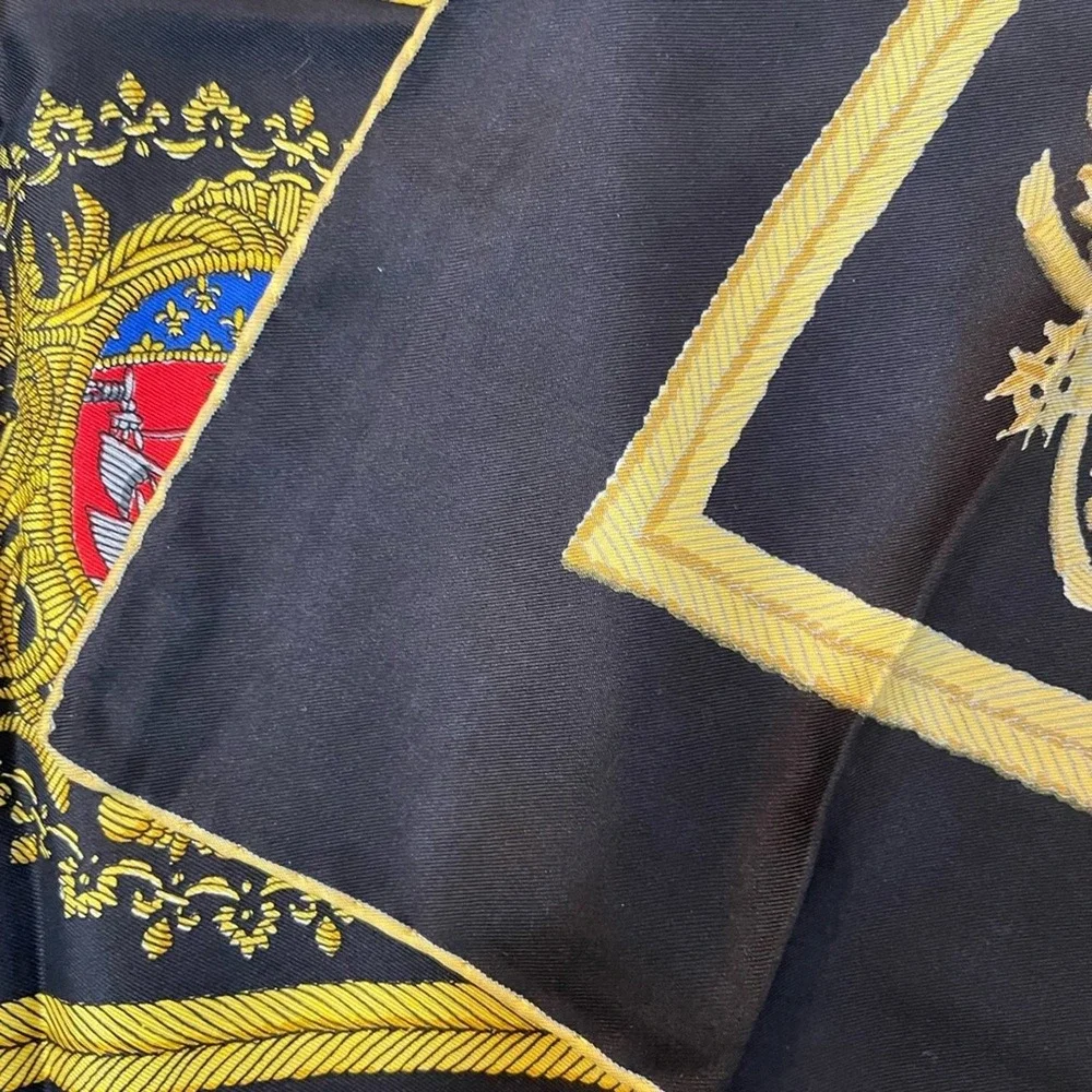 Hermes Les Armes de Paris Silk Scarf Womens Black Gold Coat of Arms Authentic